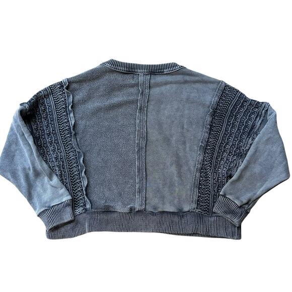 Vintage Havana Crochet Sleeve Distressed Blue Sweatshirt Small Crew Cropped - Picture 2 of 8